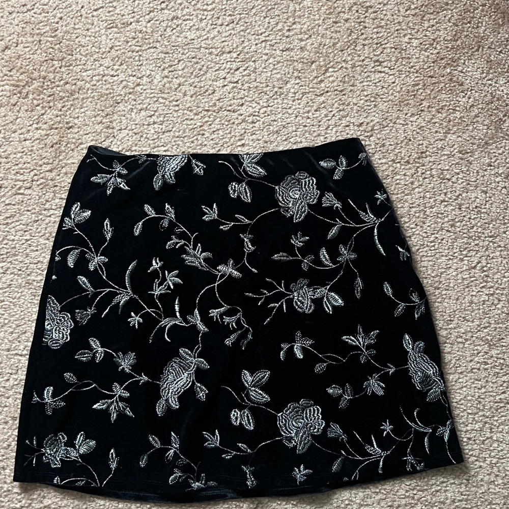 Black Velvet A-Line Skirt with Silver Floral Embroidery